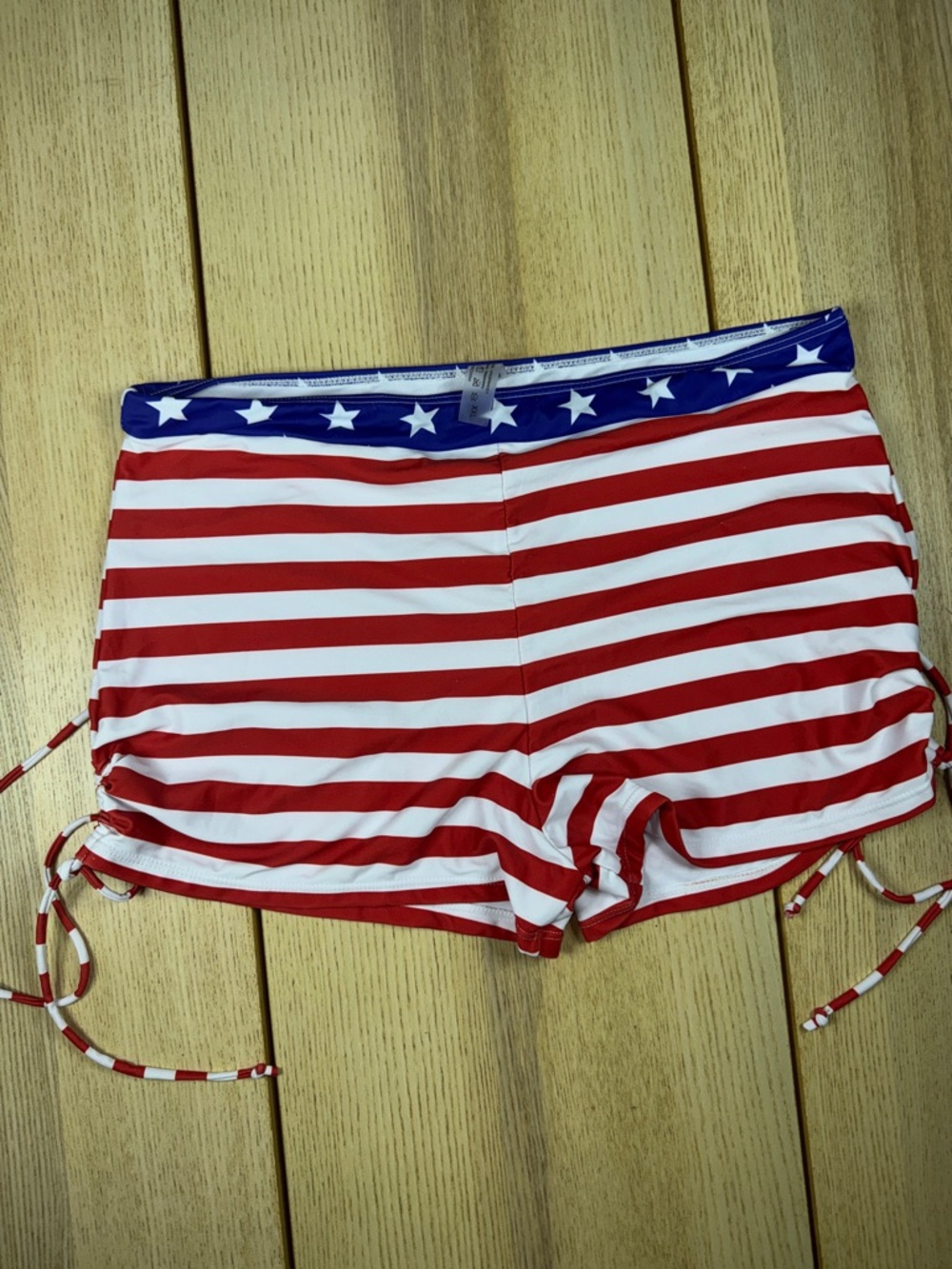 Women’s Red & White Striped Swim Shorts with Blue Star Waistband